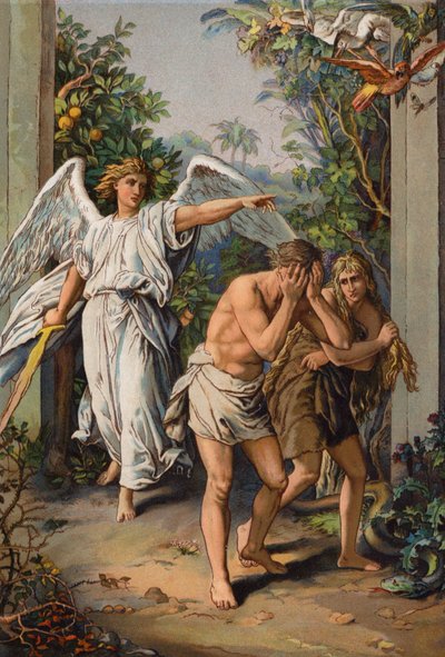 Destierro de Adán y Eva del Jardín del Edén (chromolitho) de English School
