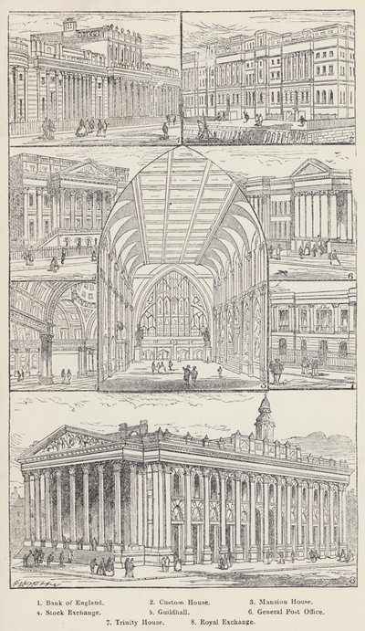 Banco de Inglaterra, Aduana, Mansion House, Bolsa de Valores, Guildhall, Oficina General de Correos, Trinity House, Royal Exchange (grabado) de English School