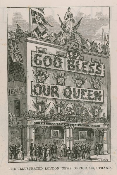 Estandarte adornando las oficinas de Illustrated London News de English School