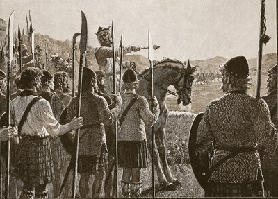 Bannockburn: Bruce revisando sus tropas antes de la batalla, ilustración de Cassells Illustrated History of England de English School