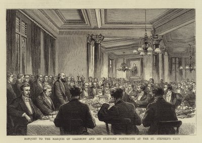 Banquete al Marqués de Salisbury y Sir Stafford Northcote en el Club St Stephen (grabado) de English School