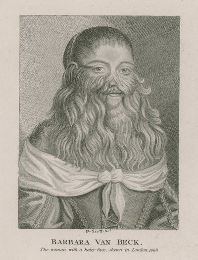 Barbara Van Beck, la mujer con cara peluda, mostrada en Londres, 1668 de English School
