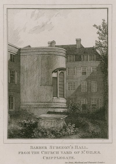 Barber Surgeons Hall, Monkwell Street, Londres, visto desde el cementerio de la iglesia de St Giles, Cripplegate de English School