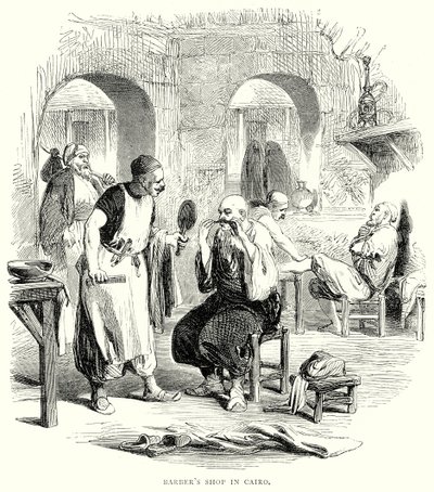 Barbería en El Cairo (grabado) de English School