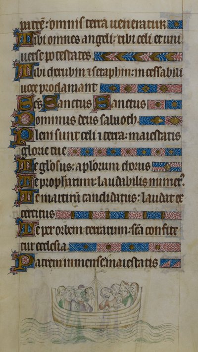 Escena en la base de la página que muestra a Thomas Becket y sus compañeros cruzando el Canal en un bote mientras viajan al exilio en Francia, ilustración del 