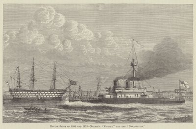 Buques de combate de 1800 y 1875, el "Victory" y el "Devastation" de Nelson (grabado) de English School
