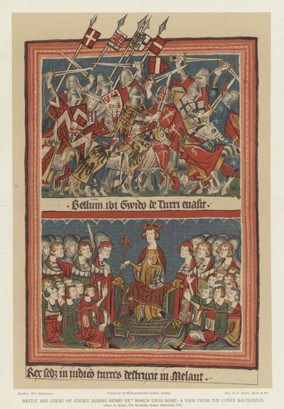 Batalla y tribunal de justicia durante la marcha de Enrique VII sobre Roma (litografía en color) de English School