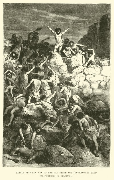 Batalla entre hombres de la Edad de Piedra antigua, campamento fortificado de Furfooz, en Bélgica de English School