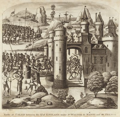 Batalla de Calais entre el rey de Inglaterra bajo Sir Walter Manny y los franceses de English School