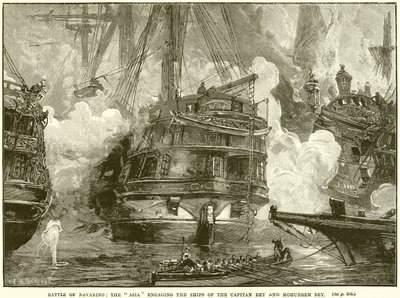 Batalla de Navarino: El Asia enfrentando los barcos del Capitán Bey y Mohurrem Bey de English School