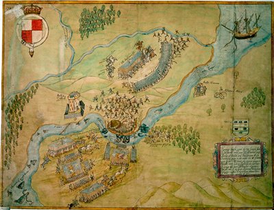 Batalla de Erne Ford en 1593 (pluma y tinta con aguada sobre papel) de English School