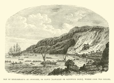 Bahía de Kealakeakua en Owhyhee, o Hawái, Islas Hawaianas o Sandwich, donde Cook fue asesinado de English School