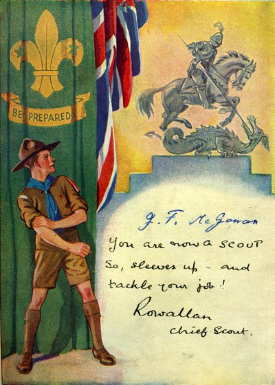 Estar preparado, tarjeta de inscripción de Boy Scout, 1947 de English School