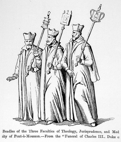 Bedeles de las Tres Facultades de Teología, Jurisprudencia y Medicina, del Funeral de Carlos III (1543-1608) Duque de Lorena, ilustración de Ciencia y Literatura en la Edad Media y el Renacimiento, escrita y grabada por Paul Lacroix de English School