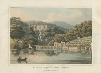 Beaudesert Hall y parque (grabado en aguatinta coloreado) de English School