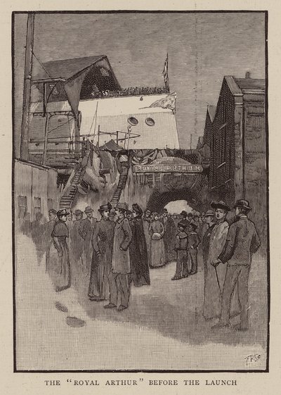 Antes de la botadura del HMS Royal Arthur (grabado) de English School