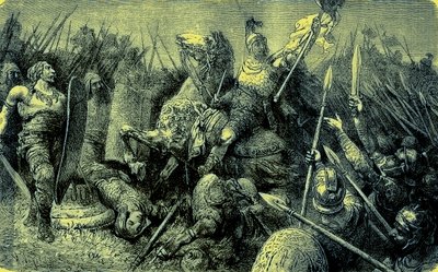 Belisario lidera el ejército romano contra los godos, ilustración de The Illustrated History of the World, publicado c.1880 de English School