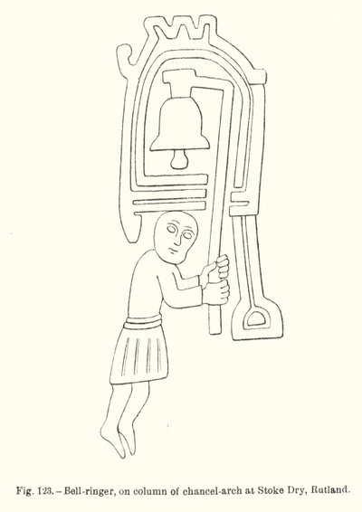 Campanero, en la columna del arco del presbiterio en Stoke Dry, Rutland (grabado) de English School