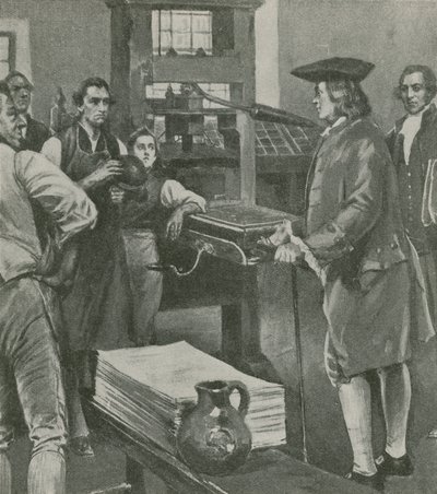 Benjamin Franklin visitando la imprenta de su antiguo maestro en Londres de English School