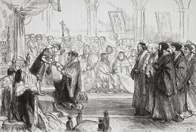 Beza presentando la Confesión de la Iglesia Protestante Francesa al Rey en el Coloquio de Poissy, ilustración de La Historia del Protestantismo de James Aitken Wylie, pub. 1878 de English School