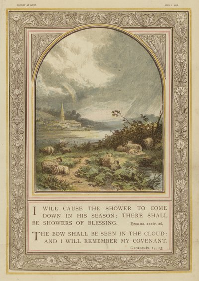 Biblia, lluvias y arco iris, Ezequiel, Génesis (cromolito) de English School