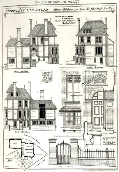 Residencia Bijou Sunnycote, Hampstead, (con estudio) para John Ingle Lee Esq, de The Building News, 23 de febrero de 1877 de English School
