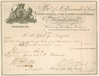 Factura por reparaciones de cerraduras en la prisión de Newgate. Firmada por el guardián de English School