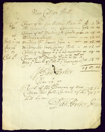 Factura de Daniel Porter a New College, 1690 de English School