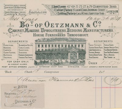 Factura de Oetzmann & Co, fabricantes de muebles, tapiceros, fabricantes de camas y proveedores de muebles para el hogar de English School
