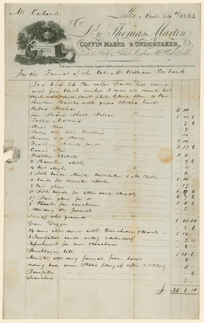 Factura de Thomas Martin, fabricante de ataúdes y funerario en relación con el funeral del Sr. William Eubank de English School