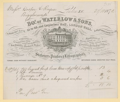 Factura de Waterlow and Sons, 66-68 Carpenters Hall, London Wall, papelería de English School