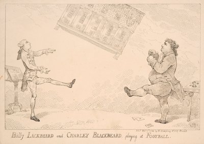 Billy Blackbeard y Charley Blackbeard jugando al fútbol, caricatura satírica refiriéndose al East India Bill, publicada por W. Humphrey, 1744 de English School
