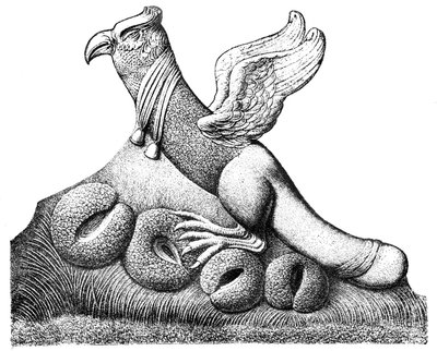 Pájaro con alas extendidas y cola fálica sentado sobre cuatro huevos, escultura galo-romana de Nimes en Francia de English School