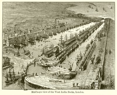 Vista aérea de los muelles de las Indias Occidentales, Londres de English School