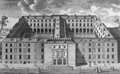 Vista aérea del Hospital de Guys, Southwark, con figuras en primer plano, c.1780 de English School