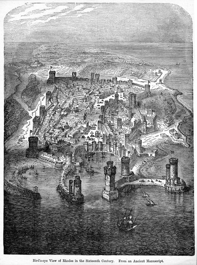 Vista aérea de Rodas en el siglo XVI, de un manuscrito antiguo, de 