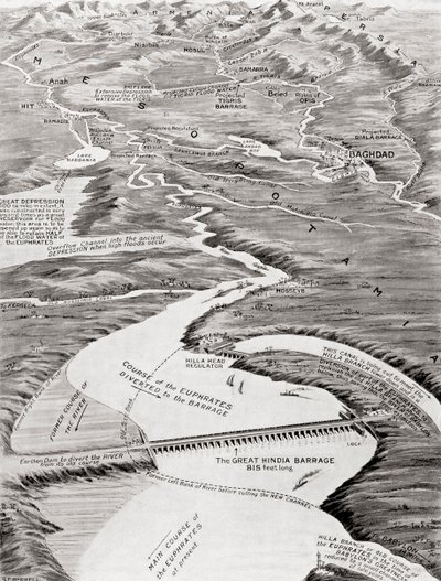 Vista aérea de Mesopotamia mostrando el esquema de irrigación propuesto por William Willcock, de la Historia de las Naciones de Hutchinson, pub.1915 de English School