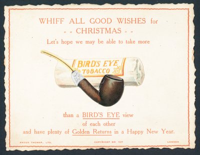 Tabaco Birds Eye y pipa, tarjeta de Navidad y Año Nuevo de English School