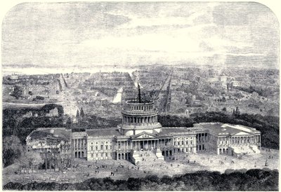 Vista aérea de la ciudad de Washington 1861, con el Capitolio en construcción en primer plano (versión digitalmente limpiada) de English School