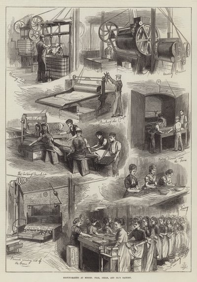 Fabricación de galletas en la fábrica de Messers Peak, Frean y Company (grabado) de English School