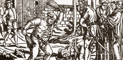 El obispo Bonner golpeando a su prisionero, John Willes, en el huerto de su palacio en Fulham (xilografía) de English School