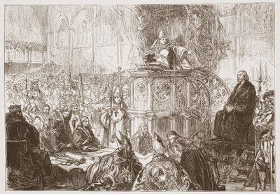El obispo de Lodi predicando en el juicio de Huss, ilustración de La Historia del Protestantismo por James Aitken Wylie (1808-1890), pub. 1878 de English School