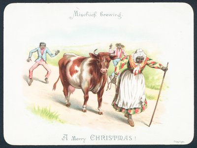 Mujer negra guiando una vaca, tarjeta de Navidad de English School