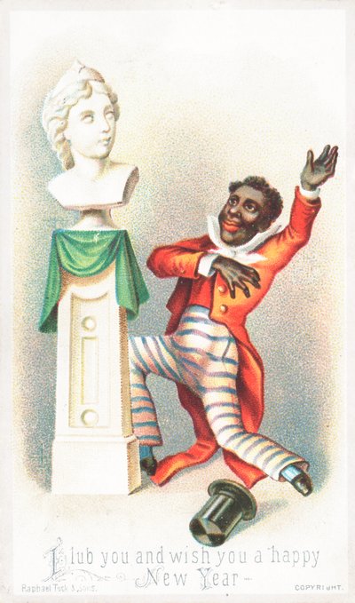 Hombre negro hablando con Busto, Tarjeta de Año Nuevo de English School