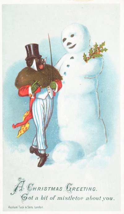 Hombre negro hablando con Muñeco de Nieve, Tarjeta de Navidad de English School