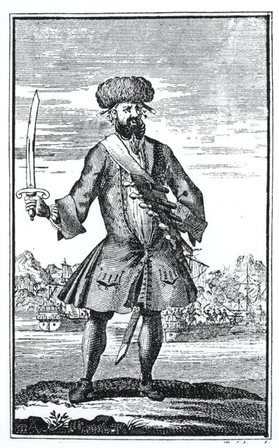 Barbanegra el Pirata, de Una historia general de los robos y asesinatos de los piratas más notorios por el Capitán Charles Johnson, publicado en 1724 de English School