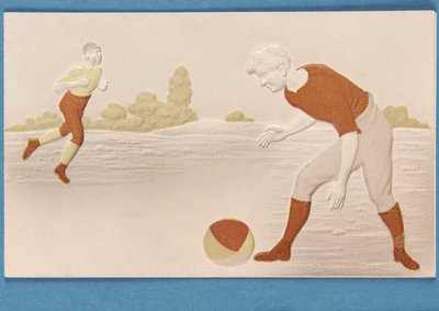 Tarjeta en relieve que muestra a dos futbolistas, c.1880s de English School
