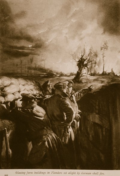 Edificios de granjas en llamas en Flandes incendiados por el fuego de proyectiles alemanes, 1914-19 de English School