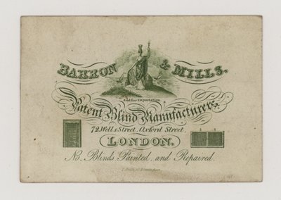 Fabricantes de persianas, Barron y Mills, tarjeta comercial de English School