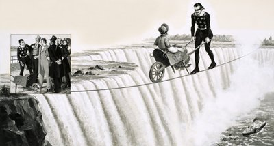 Blondin (Francois Gravelet) empuja una carretilla sobre una cuerda floja sobre las Cataratas del Niágara de English School